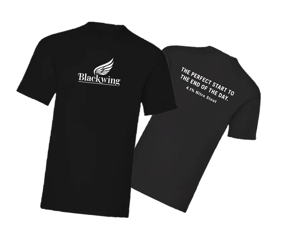 Black Blackwing T-shirts, front and back: 4.1% Nitro Stout, the perfect start to the end of the day